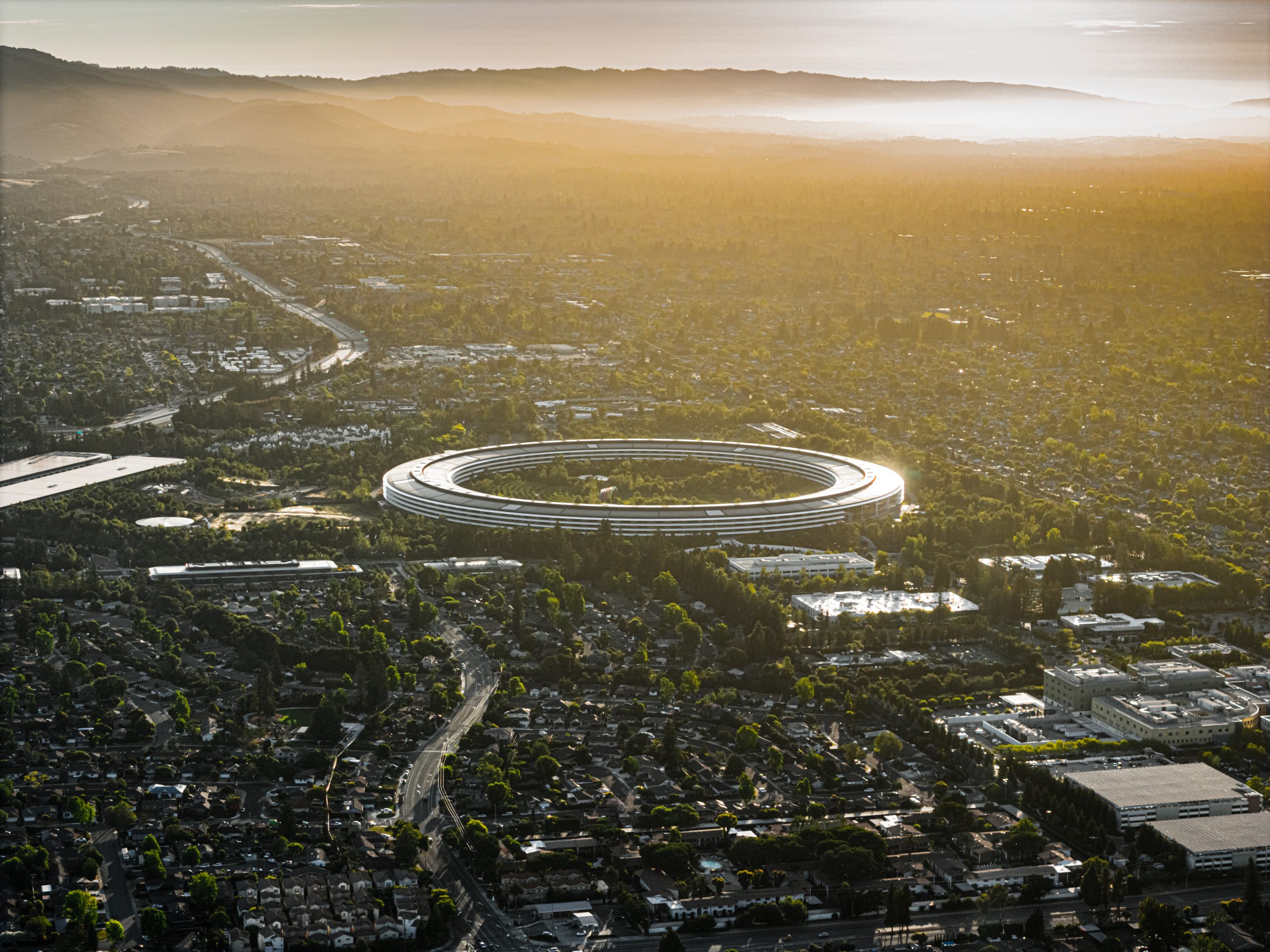 Aerial view of Apple Park, the ring-shaped headquarters campus in Cupertino