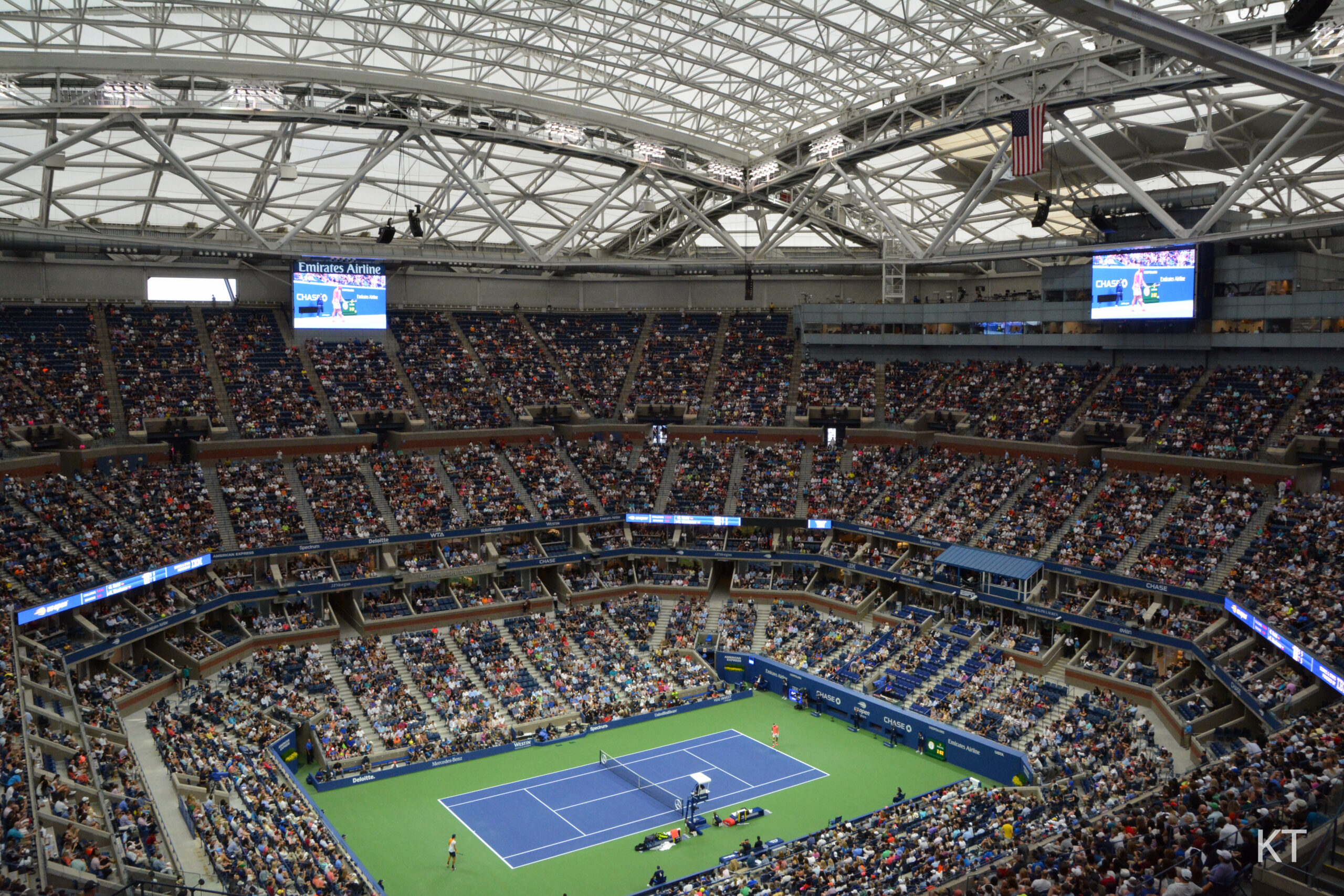 Arthur Ashe Stadium's blue hard court, the US Open's main stadium
