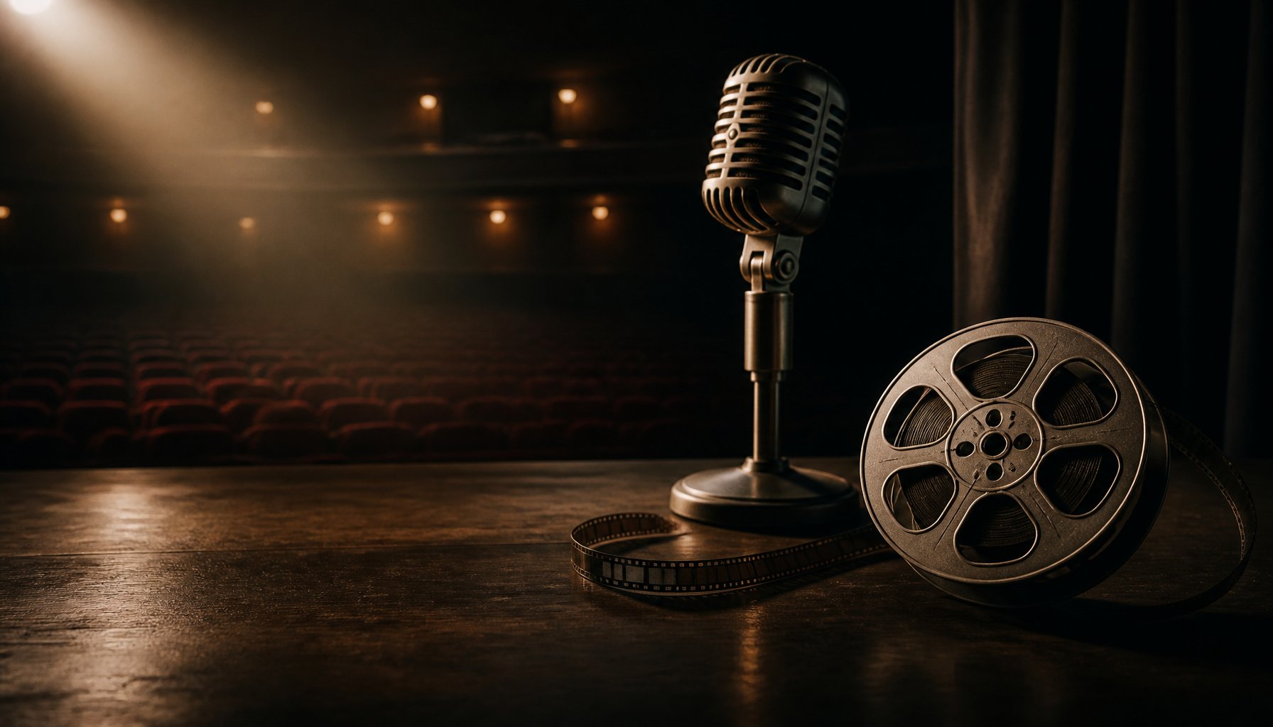 AI-generated illustration: a vintage stage microphone and a film reel resting on a wooden stage in front of an empty, dimly lit theater.