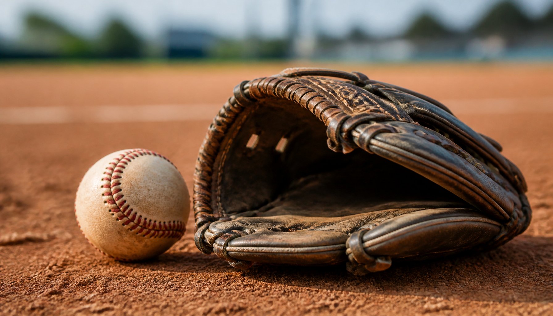 A baseball and a worn glove resting on infield dirt