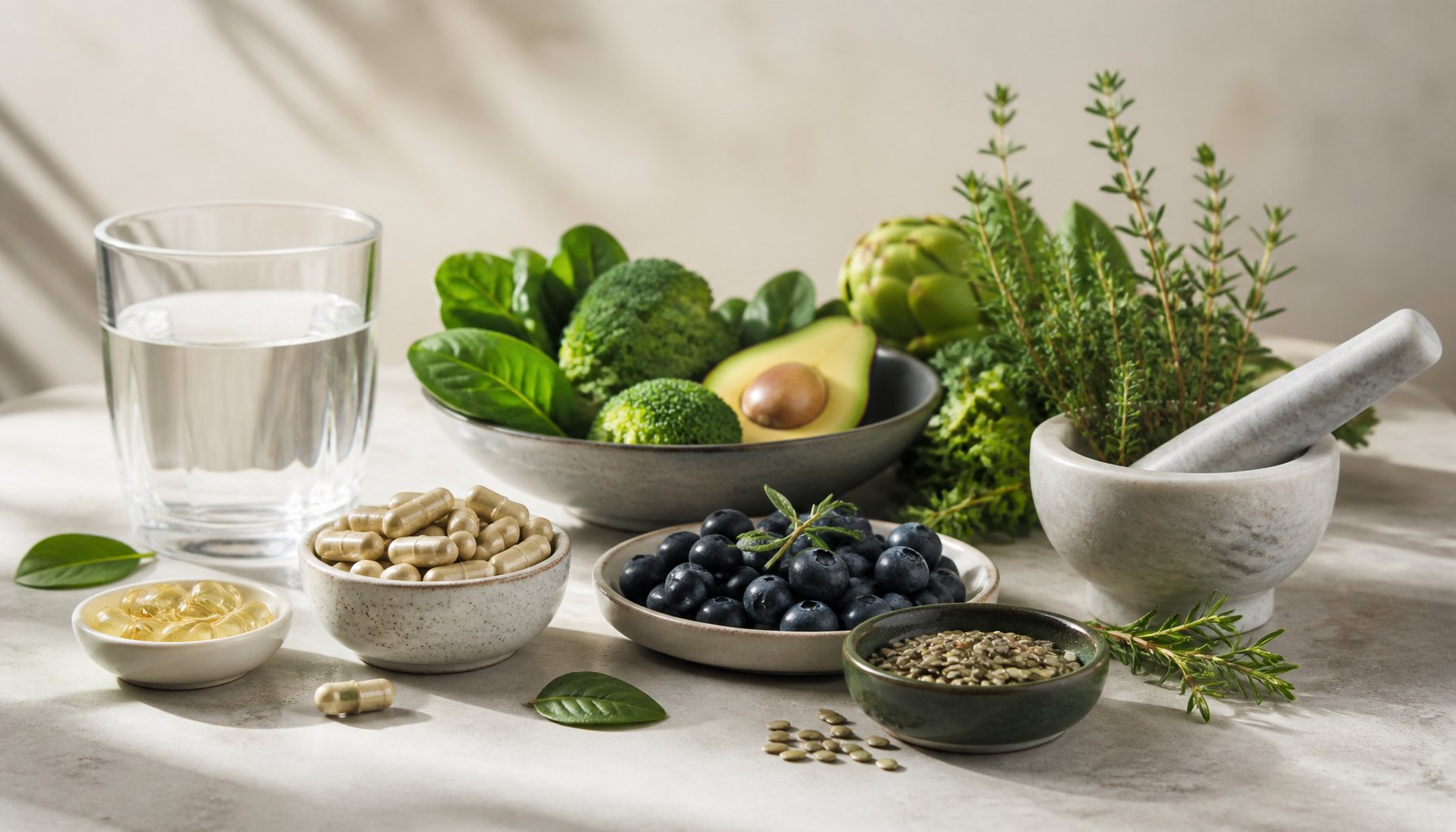 A still-life of healthy foods and supplements: a glass of water, leafy greens, broccoli, an avocado, an artichoke, herbs, blueberries, seeds and supplement capsules on a light stone counter