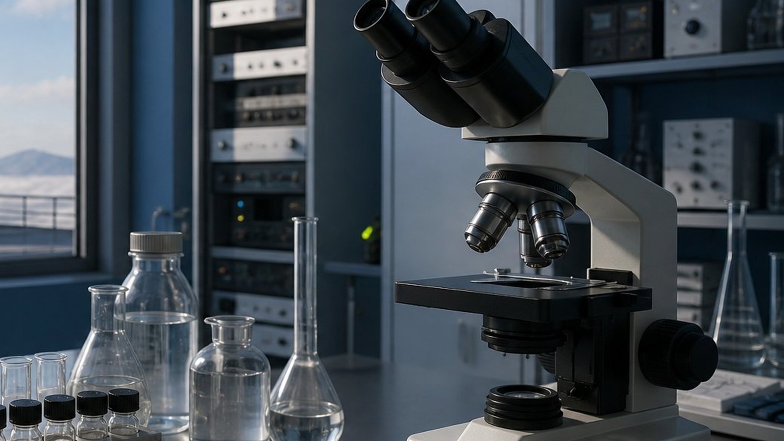 AI-generated illustration: laboratory bench with a microscope and glassware