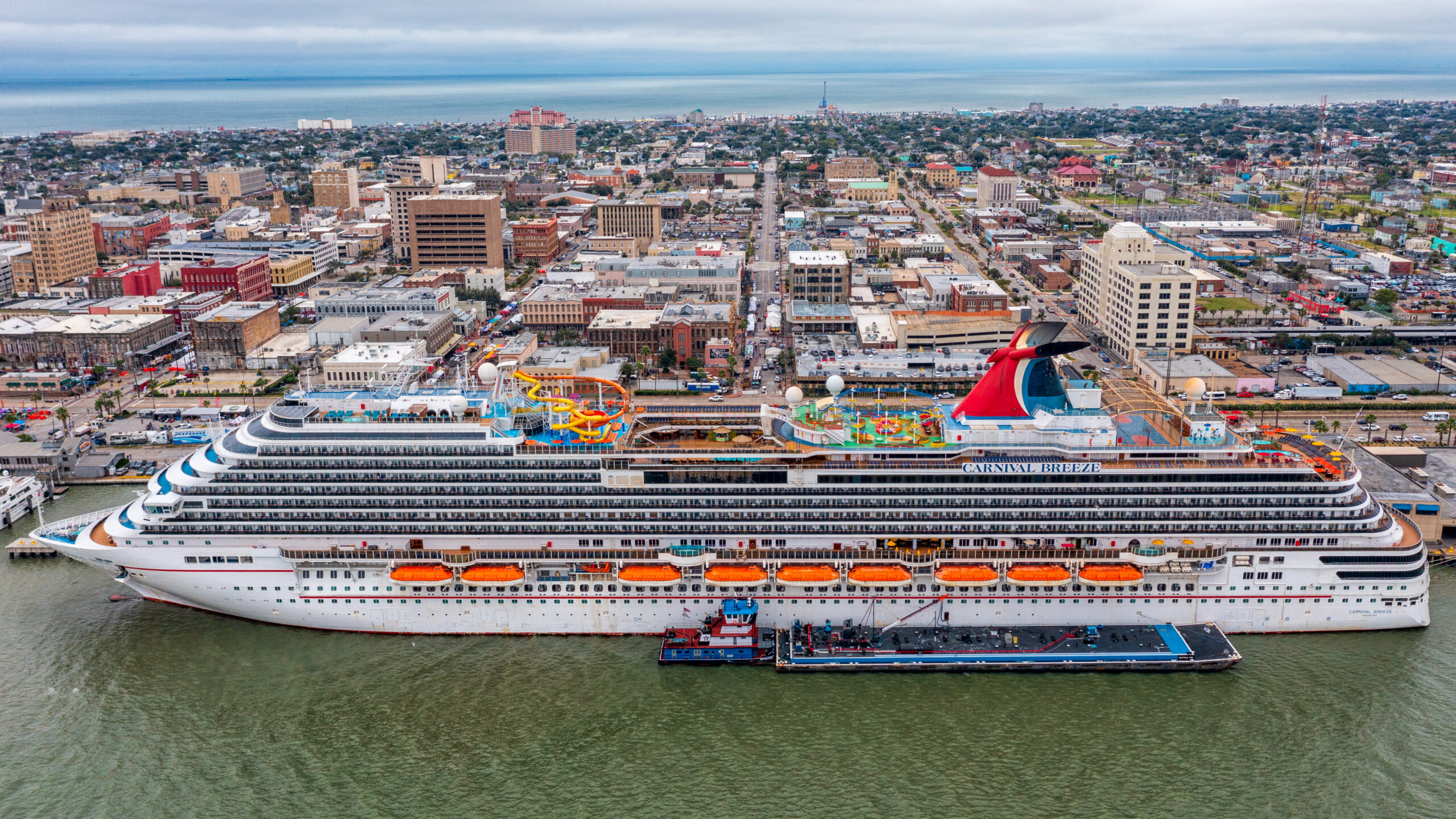 The Carnival Breeze cruise ship docked at the Port of Galveston, Texas