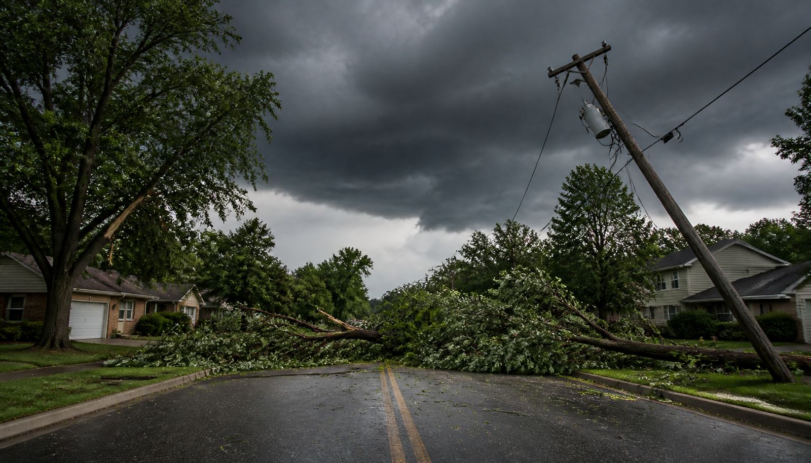 AI-generated illustration: a suburban residential street under dark storm clouds, with large tree limbs and a toppled trunk brought down across front lawns, a wooden utility pole leaning over the roadway with slack overhead lines, and leaf debris scattered over the wet asphalt.