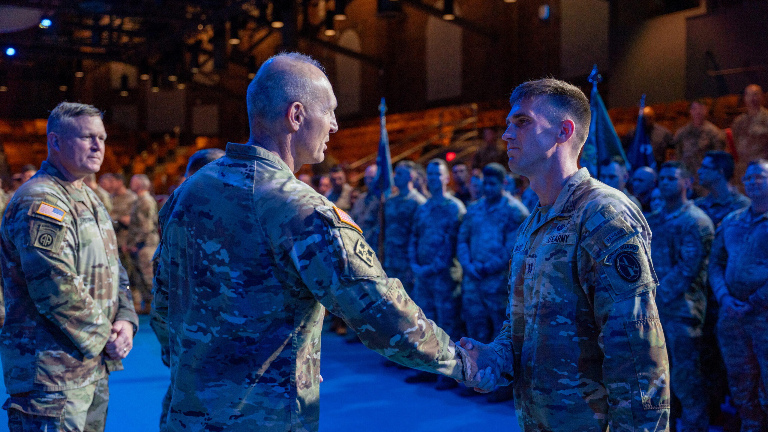 Gen. Randy A. George, then Army chief of staff, greets a soldier at Joint Base Myer-Henderson Hall, Virginia, in July 2025