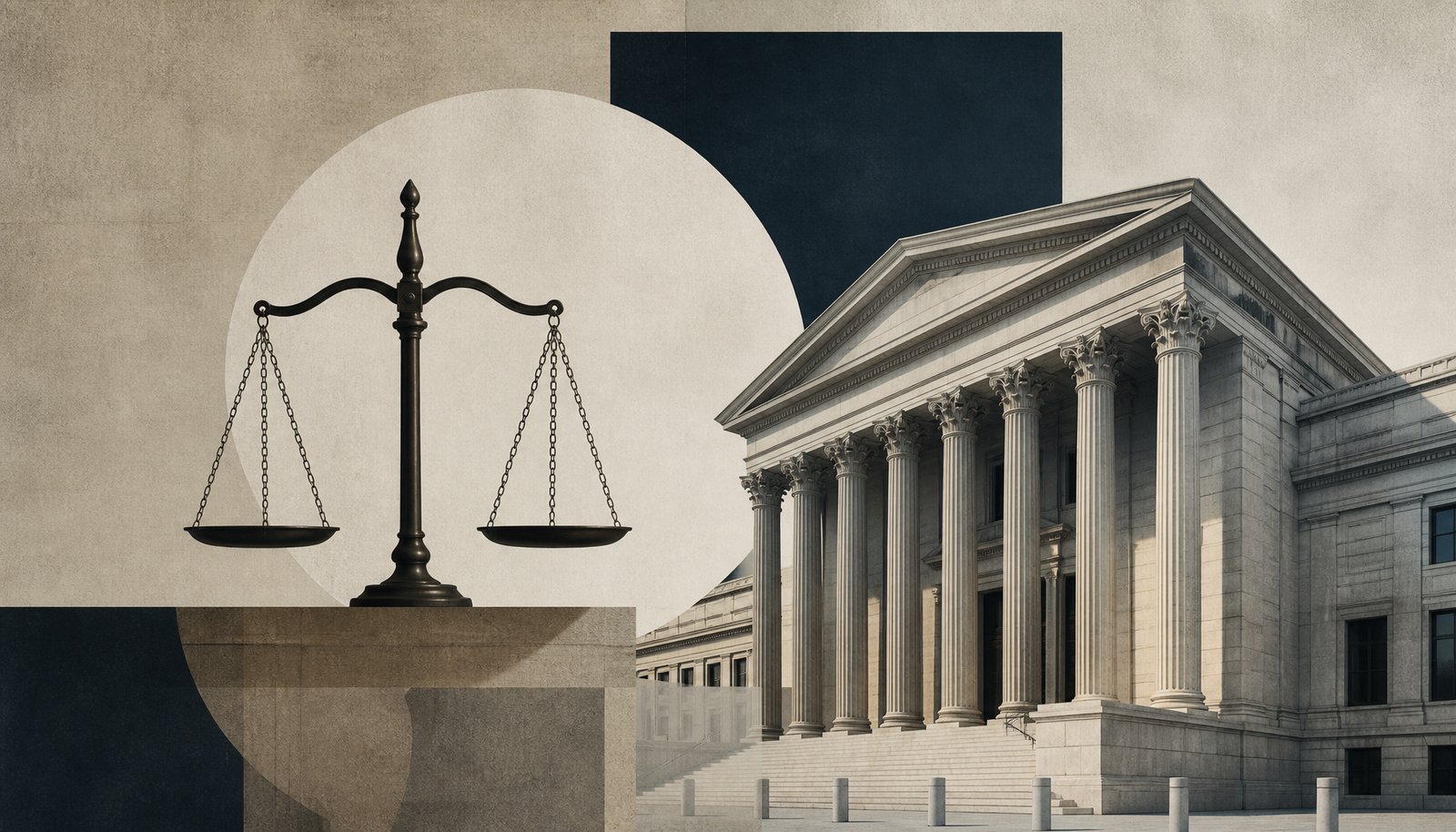 Scales of justice and a courthouse building, symbolic editorial illustration of a criminal trial