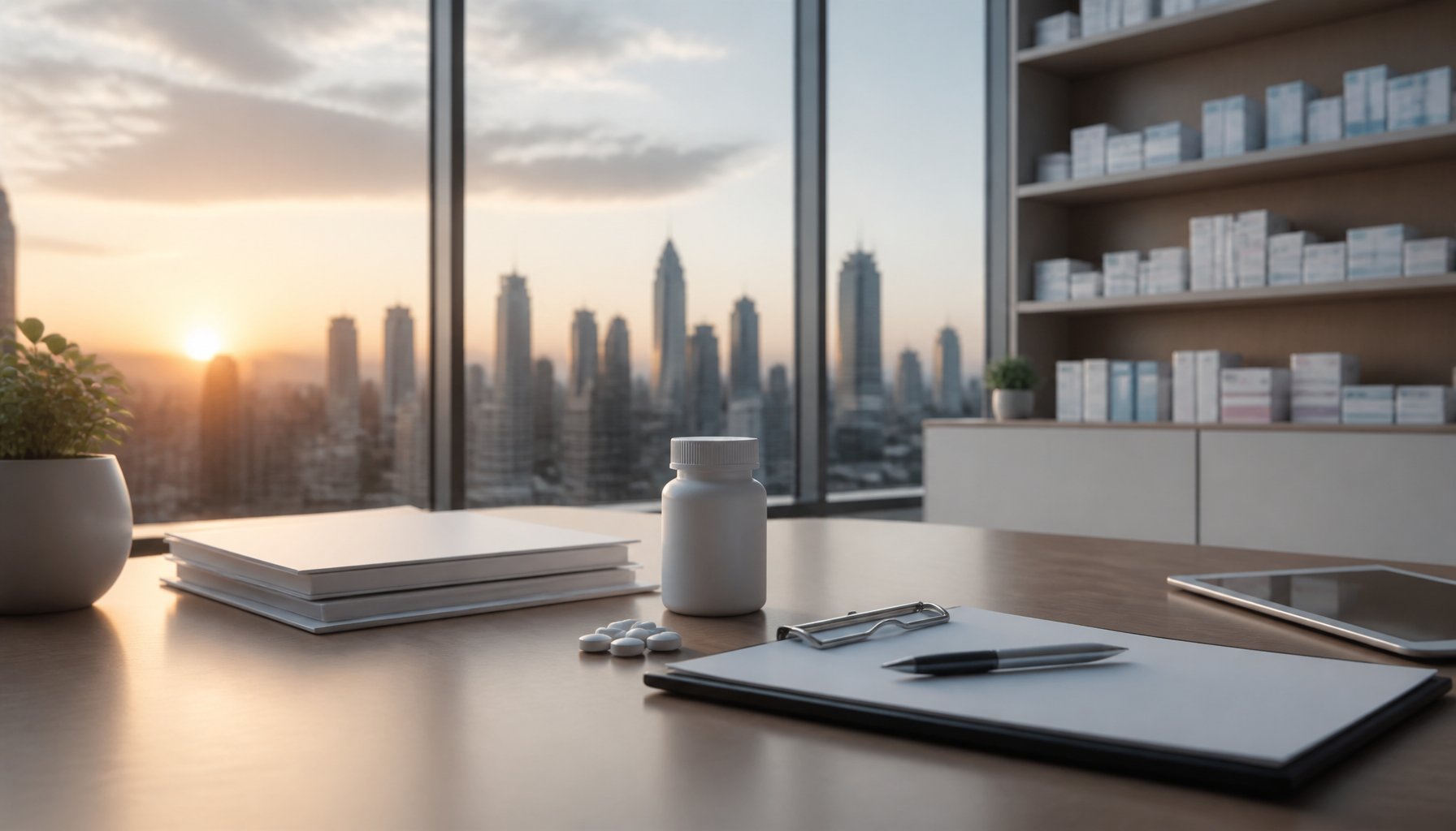 A pill bottle and pharmacy shelf on a desk with a city skyline in the background