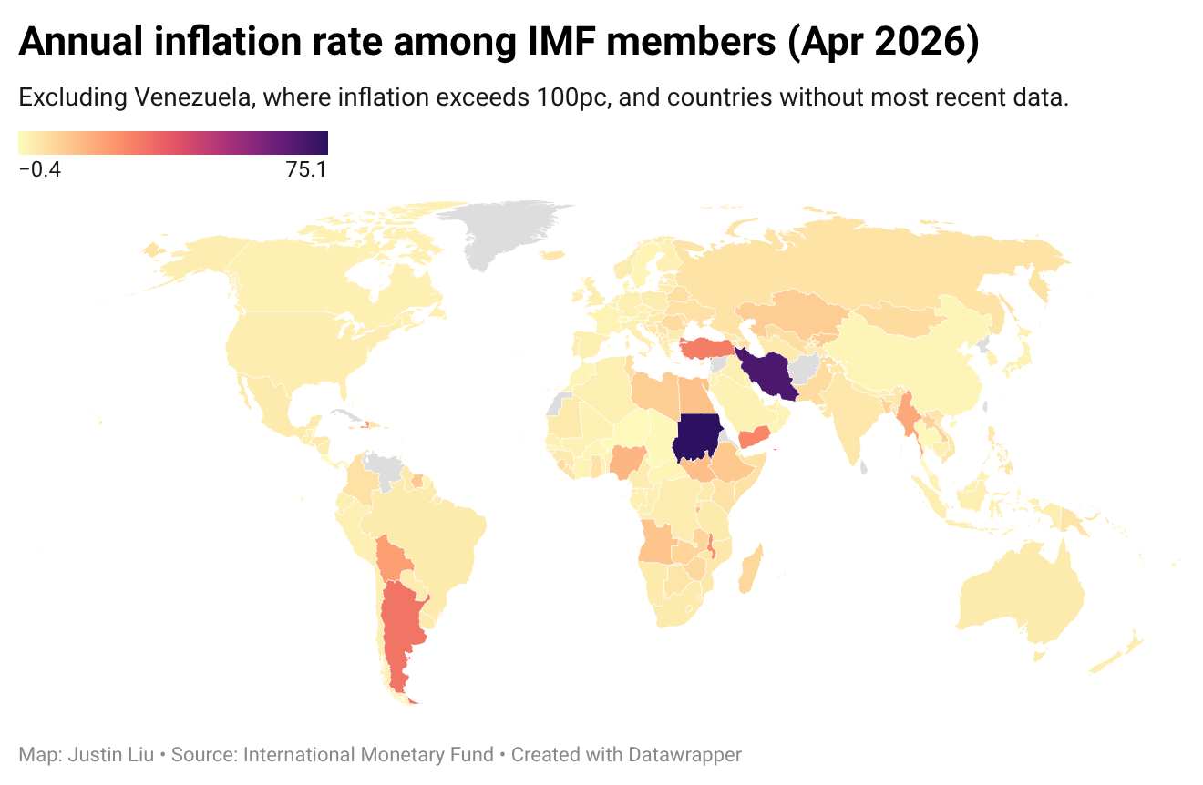 World map showing annual inflation rates among IMF member countries, April 2026