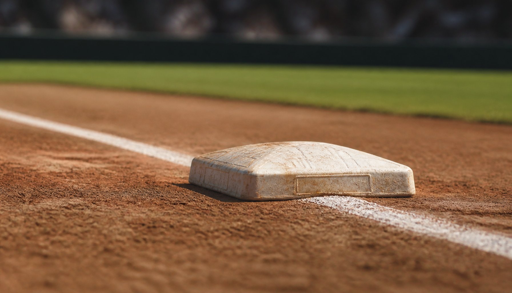 A worn base and chalk line on a Major League Baseball infield