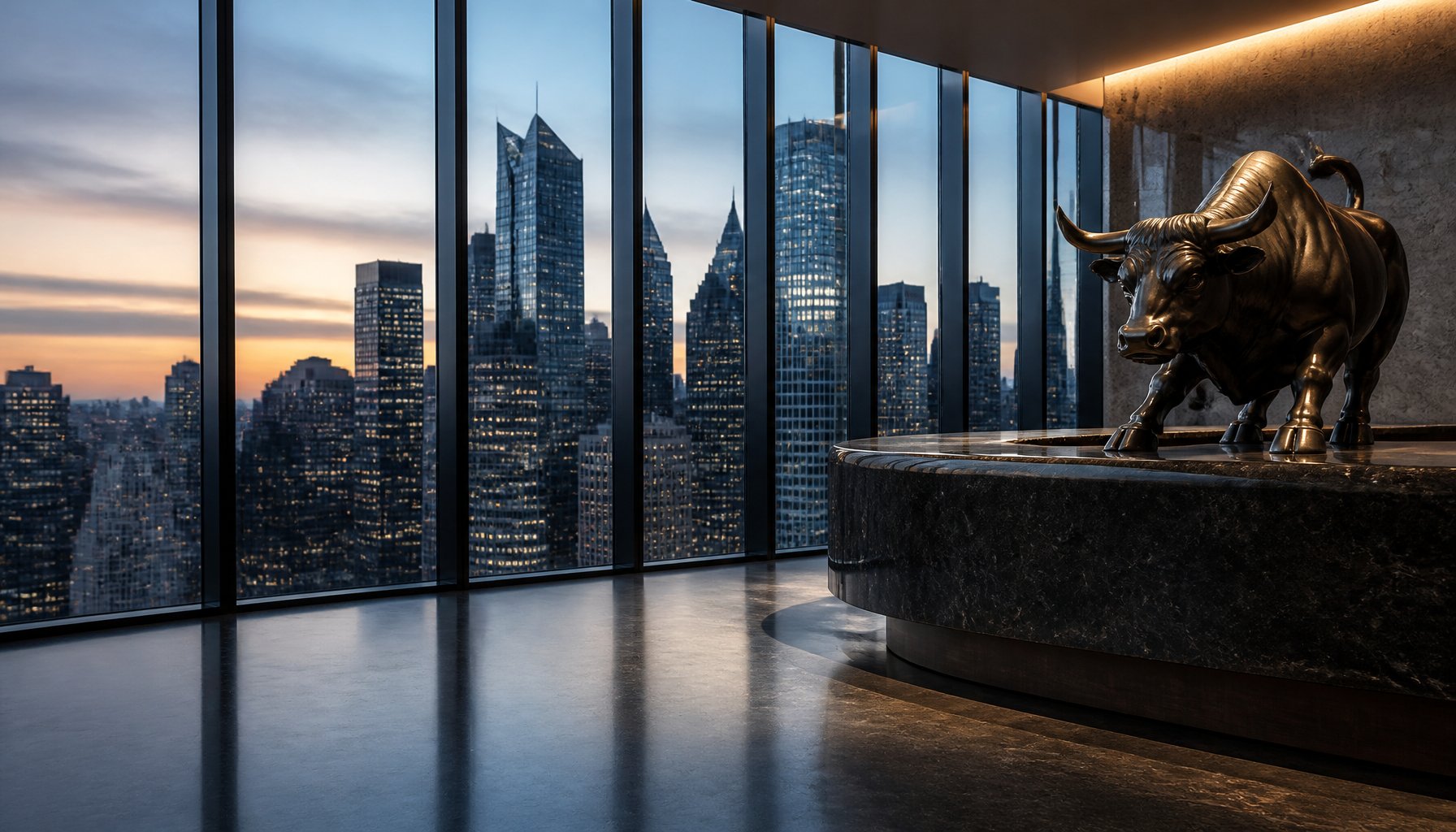 A bronze bull statue in a modern office overlooking a city skyline at dusk, symbolizing financial markets
