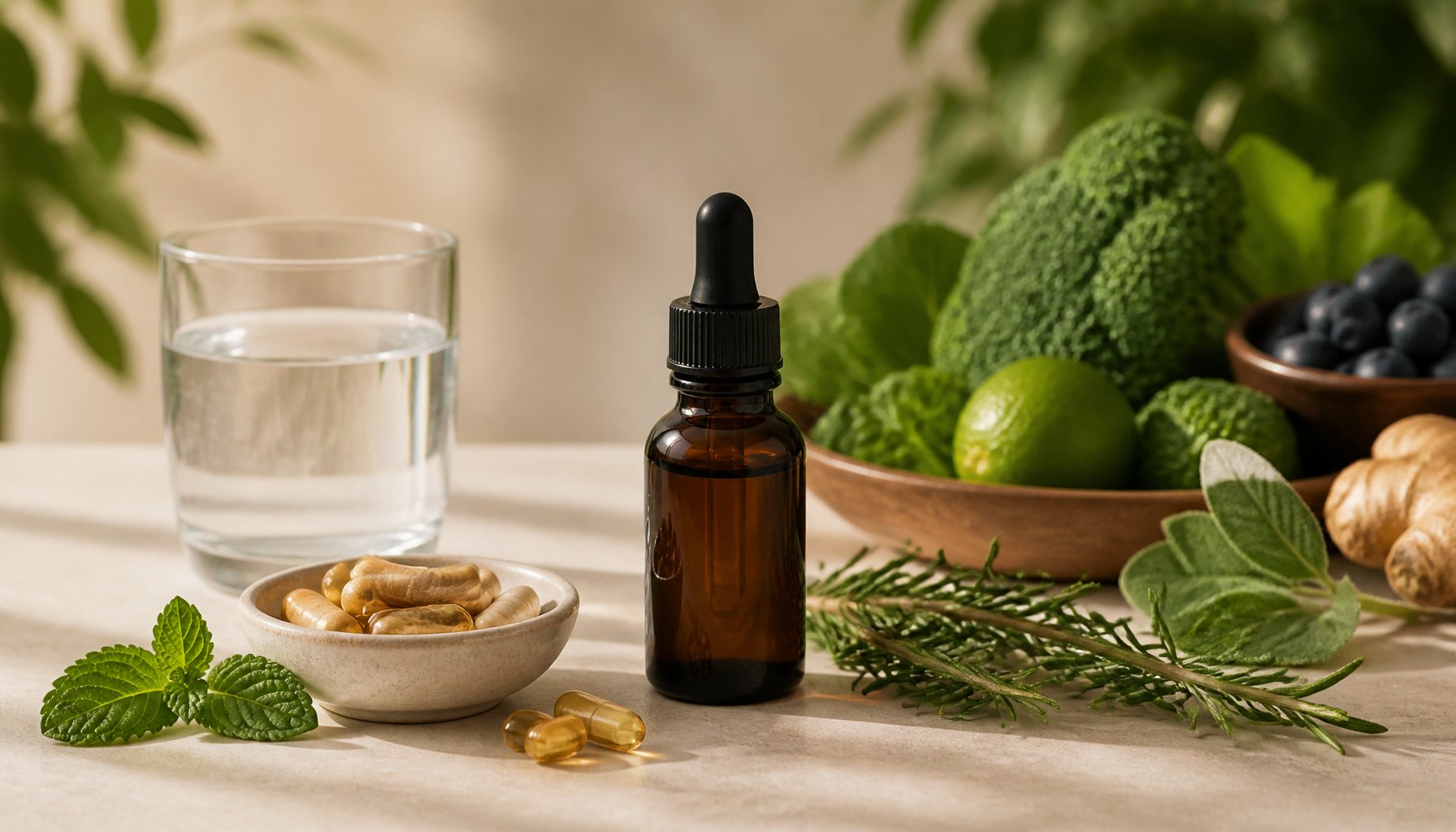 A dropper bottle beside supplement capsules, water and fresh produce