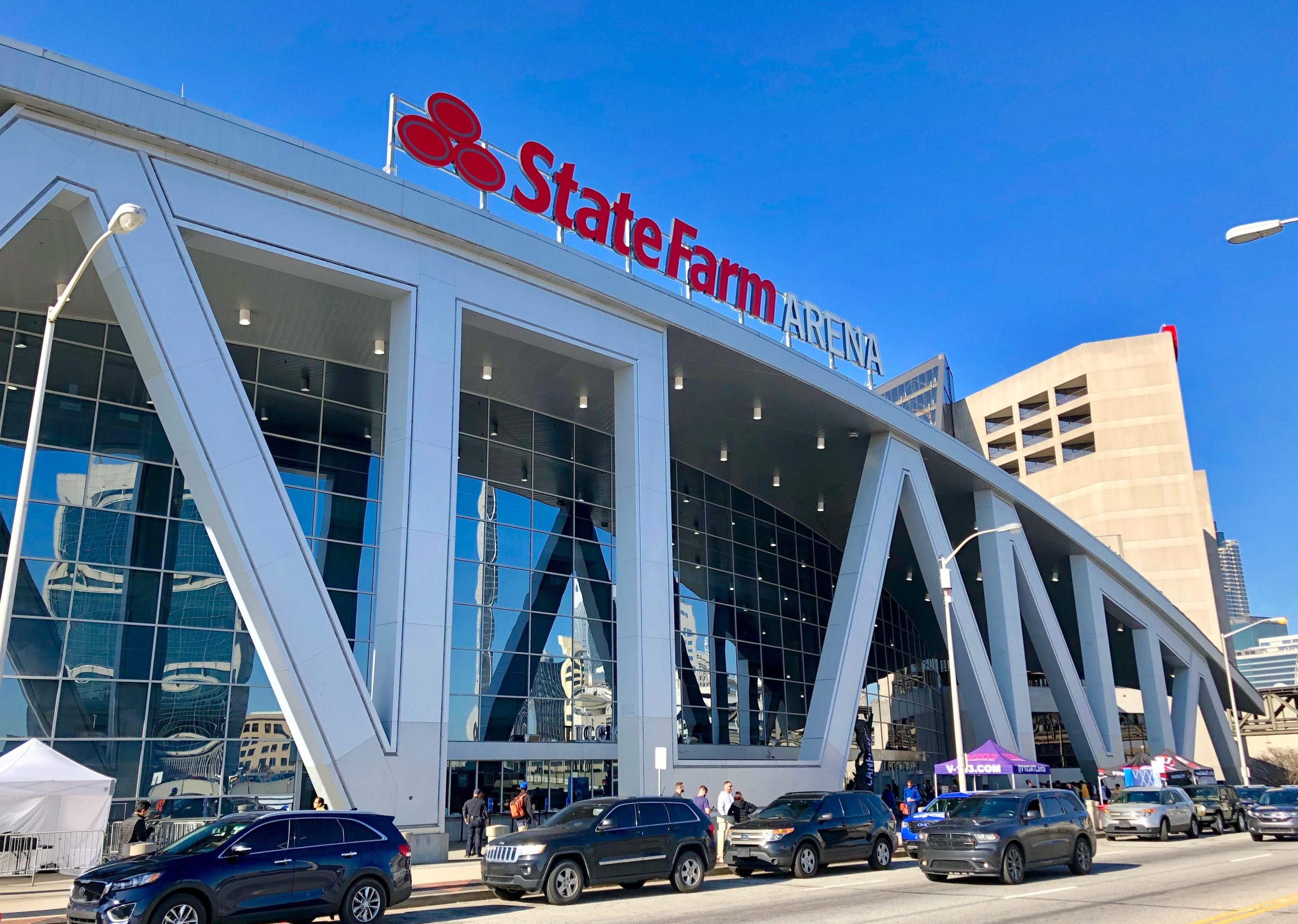 Exterior of State Farm Arena in Atlanta, home of the Atlanta Dream, where the Indiana Fever beat the Dream 95-91 in overtime.