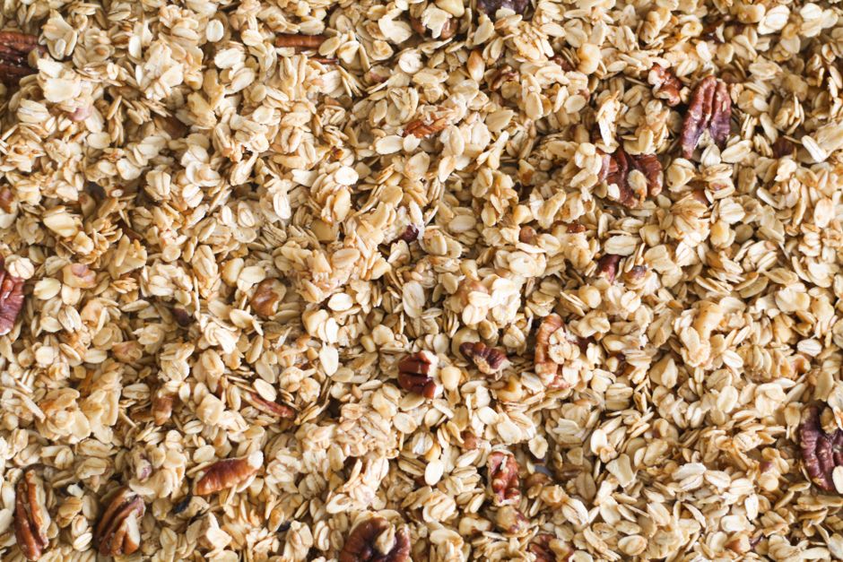 Photo: close-up of granola with oats and pecans (illustrative image, not the recalled product).