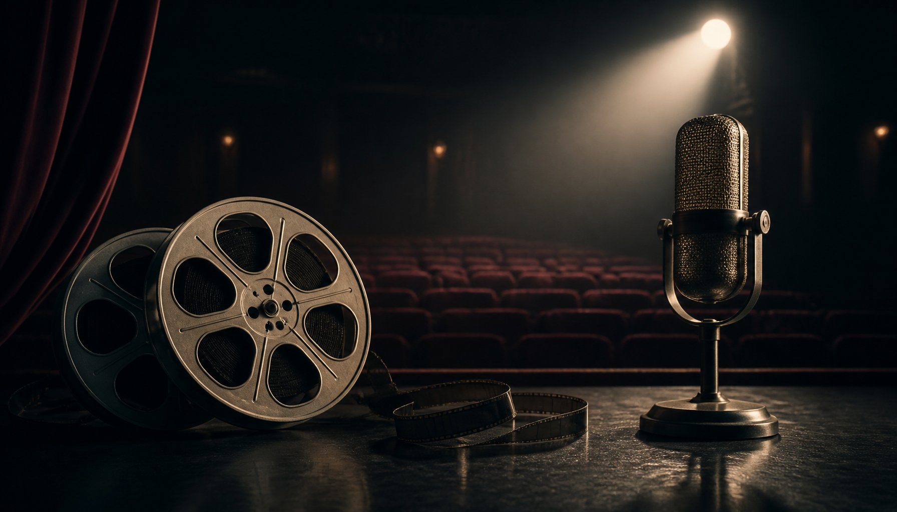 A vintage film reel and microphone on a dimly lit theater stage