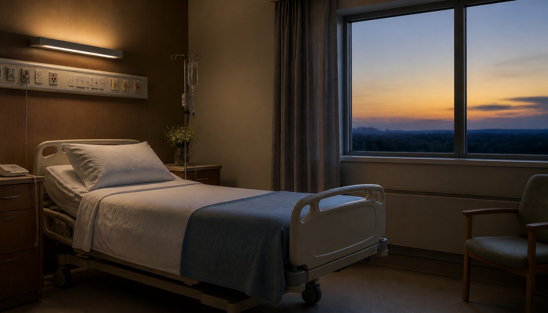 AI-generated illustration of a quiet, empty hospital room at dusk