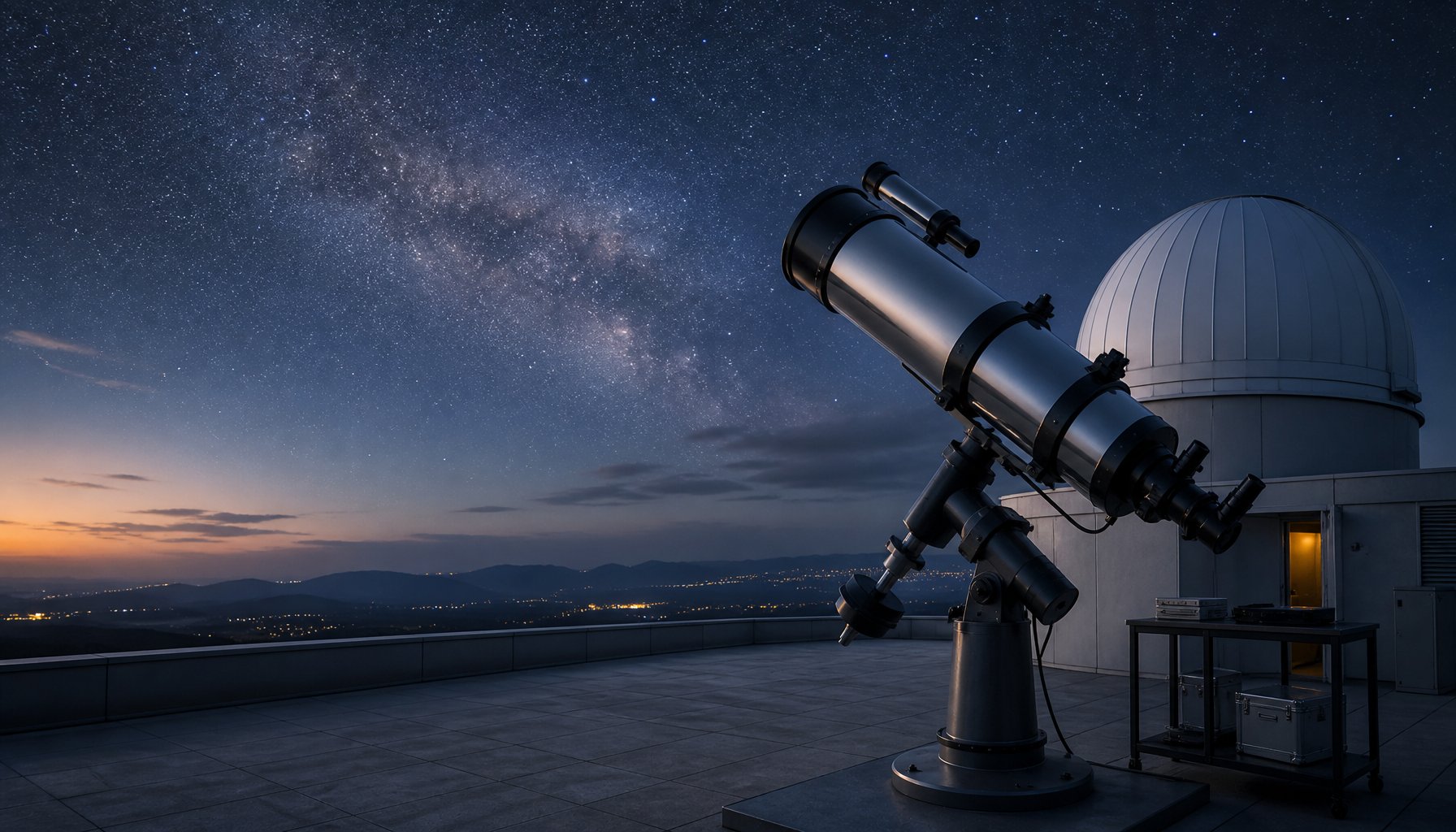 A telescope beneath a starry night sky at an astronomical observatory