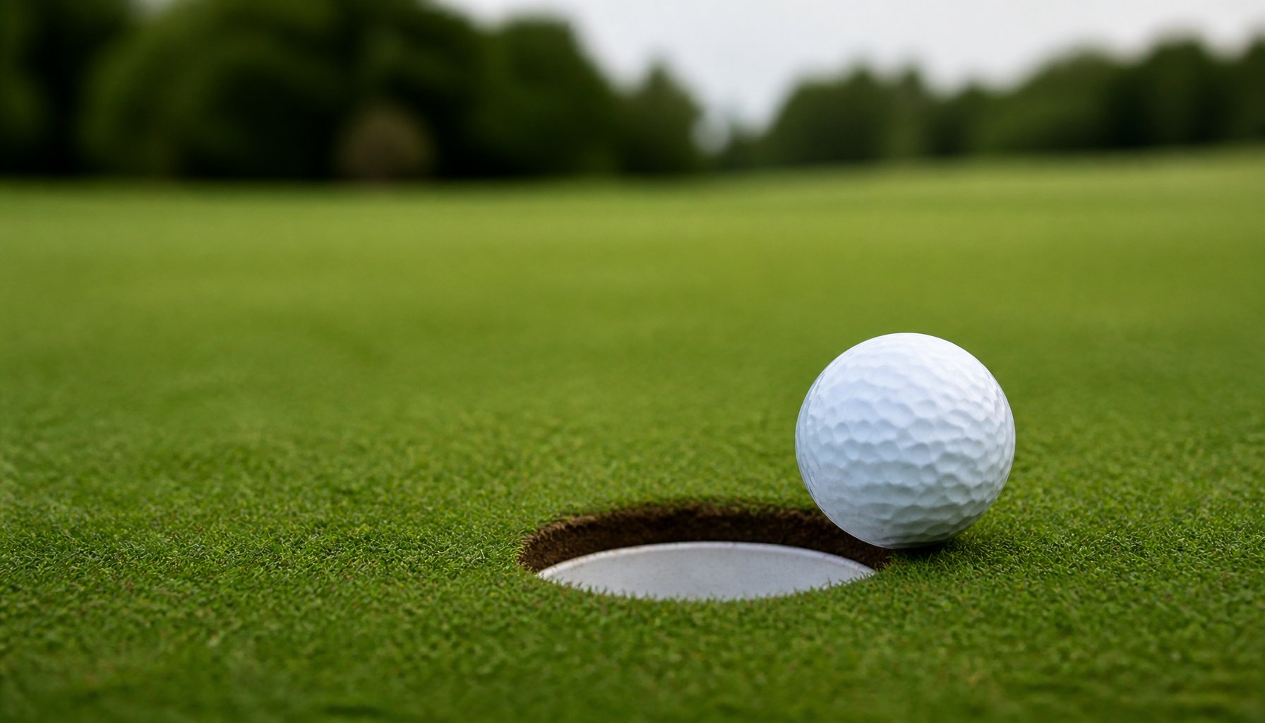 A golf ball resting at the lip of the cup on a putting green