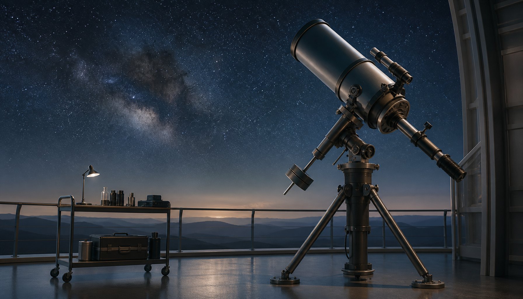 A telescope pointed at a starry night sky, editorial illustration for a space telescope story