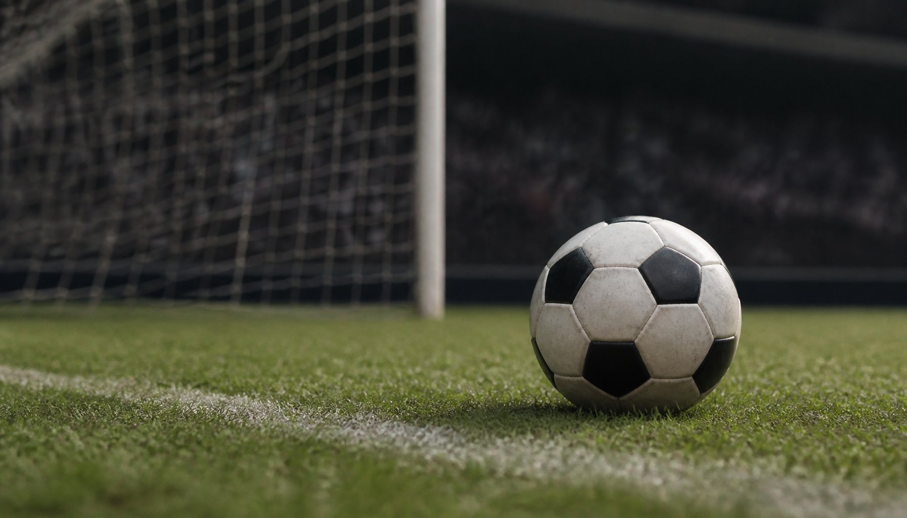 A soccer ball resting near the goal line on a grass pitch