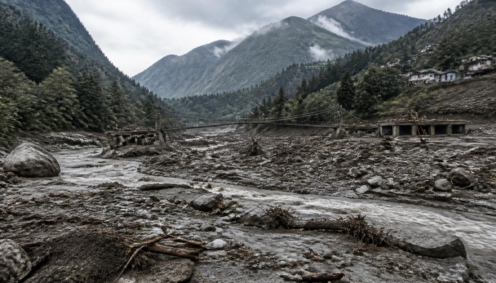 AI-generated editorial illustration of a flash-flood-damaged mountain river valley, referencing the 2026 Nepal glacier-collapse disaster