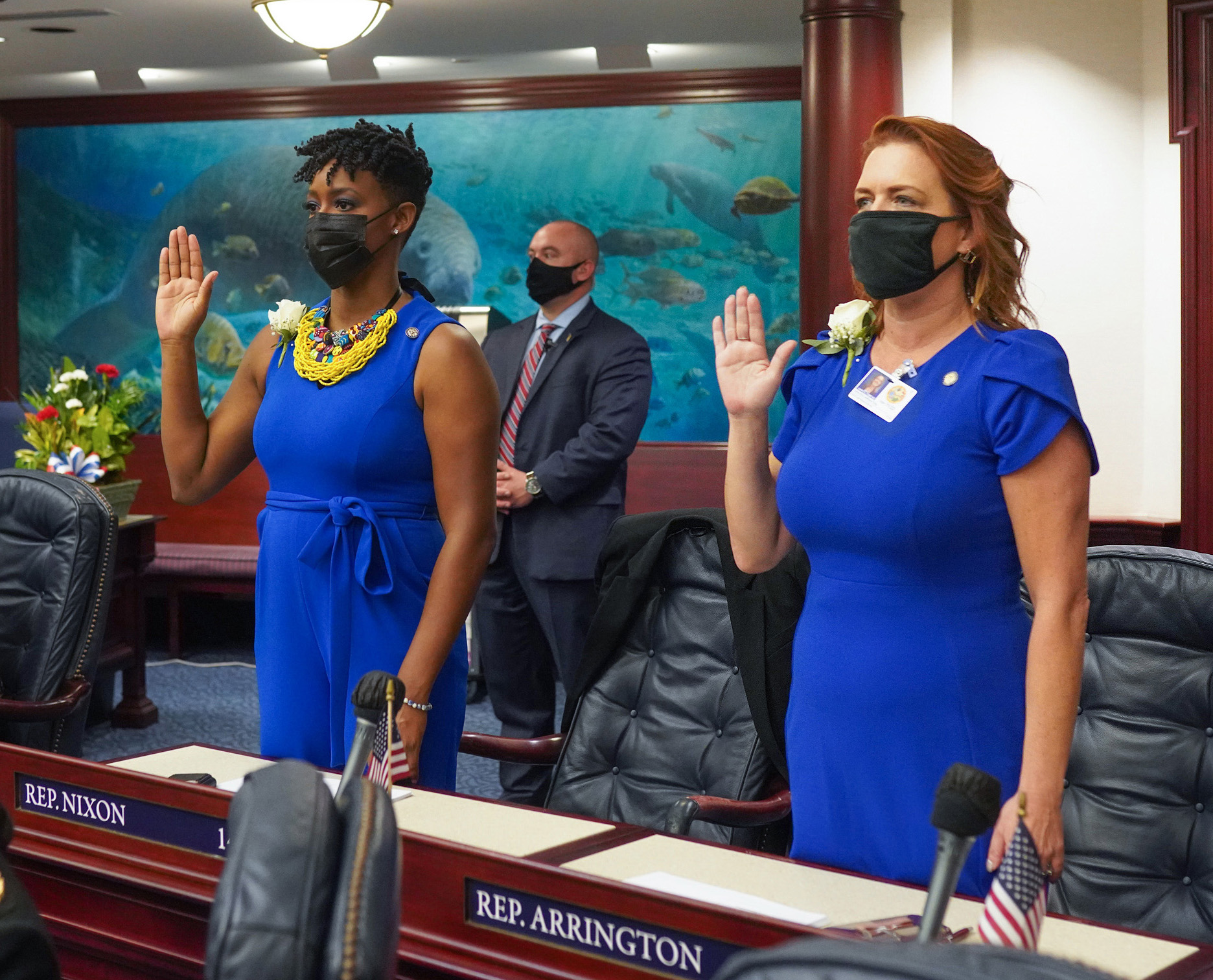 Rep. Angie Nixon (left) and Rep. Kristen Arrington are sworn in as Florida House members during Organization Session, November 2020
