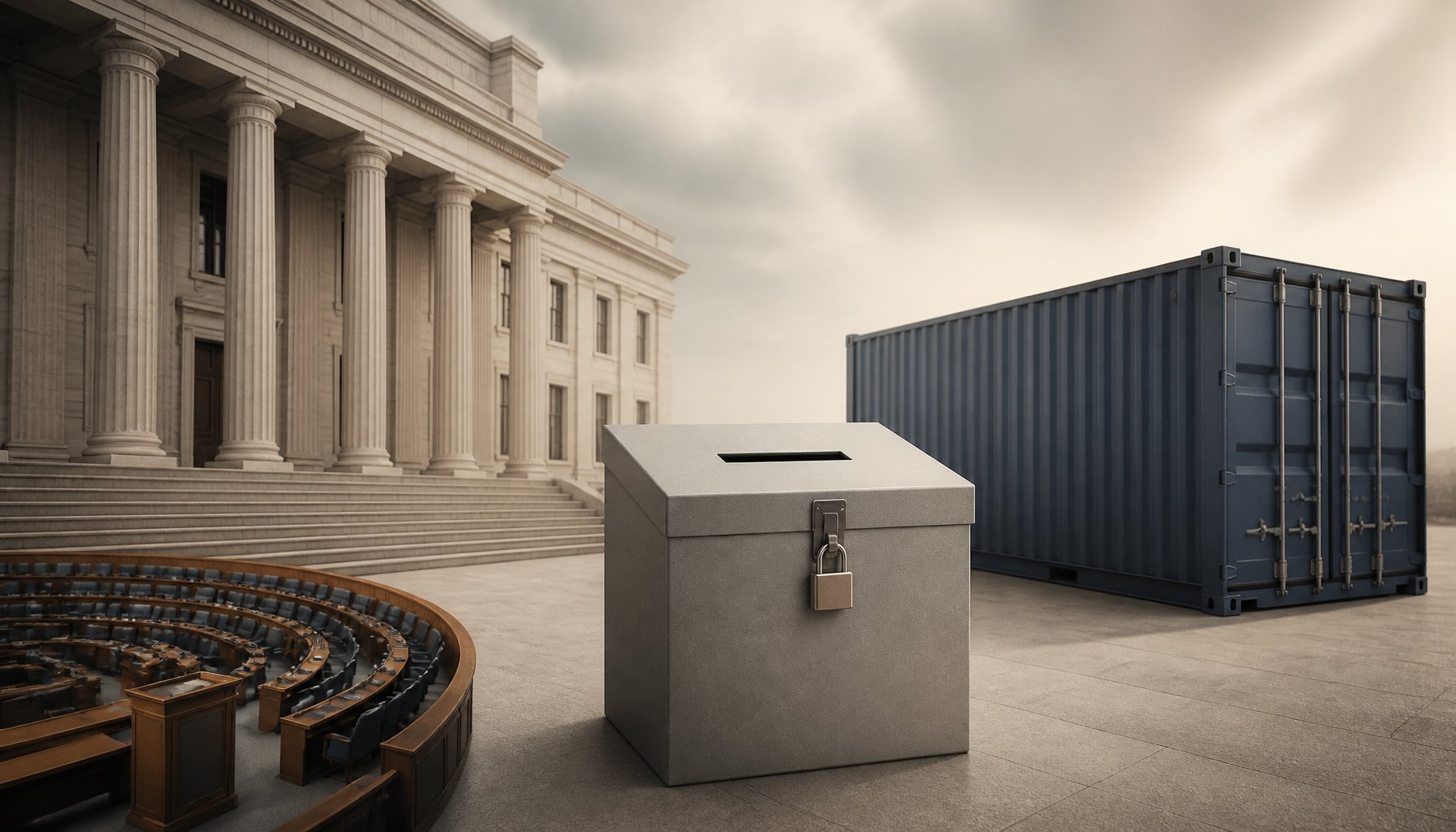AI-generated illustration: ballot box and shipping container