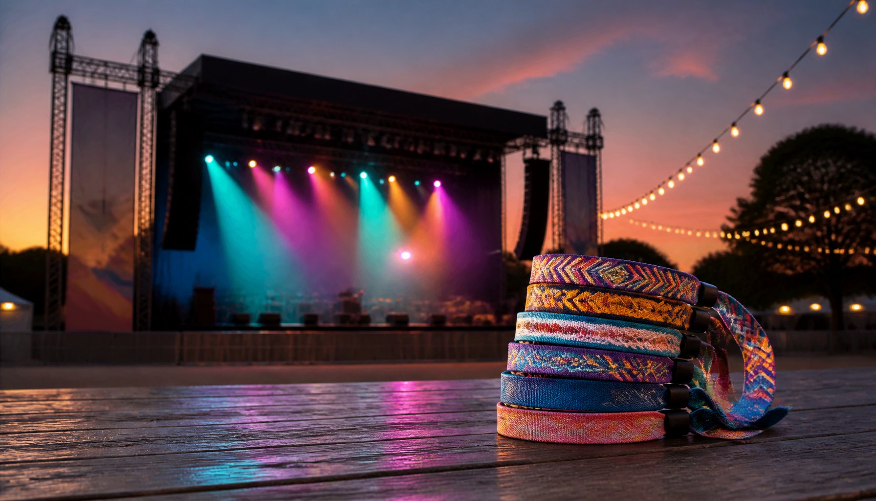 Colorful stage lights over an outdoor festival stage at dusk, with festival wristbands in the foreground