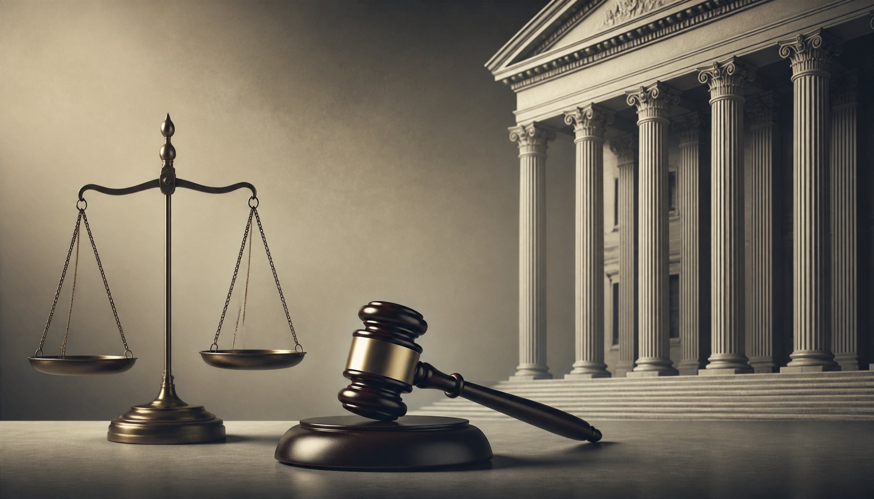 AI-generated illustration: courtroom scales of justice and gavel with a courthouse in the background