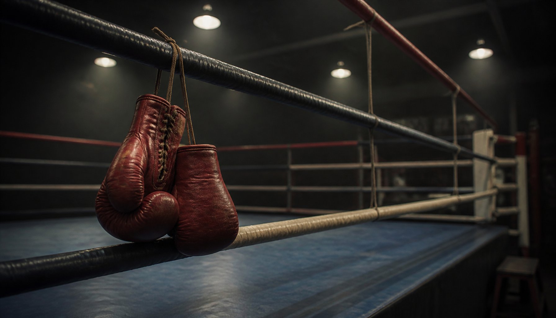 Editorial photo-illustration: boxing gloves hanging on a ring corner