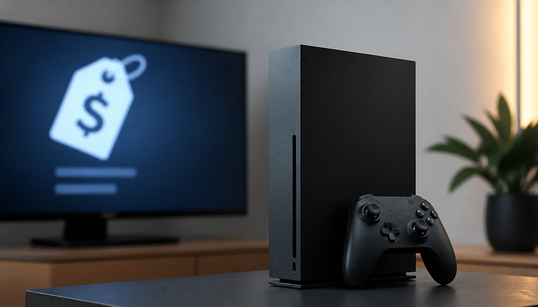 A generic modern gaming console and controller beside a screen showing a price-tag icon