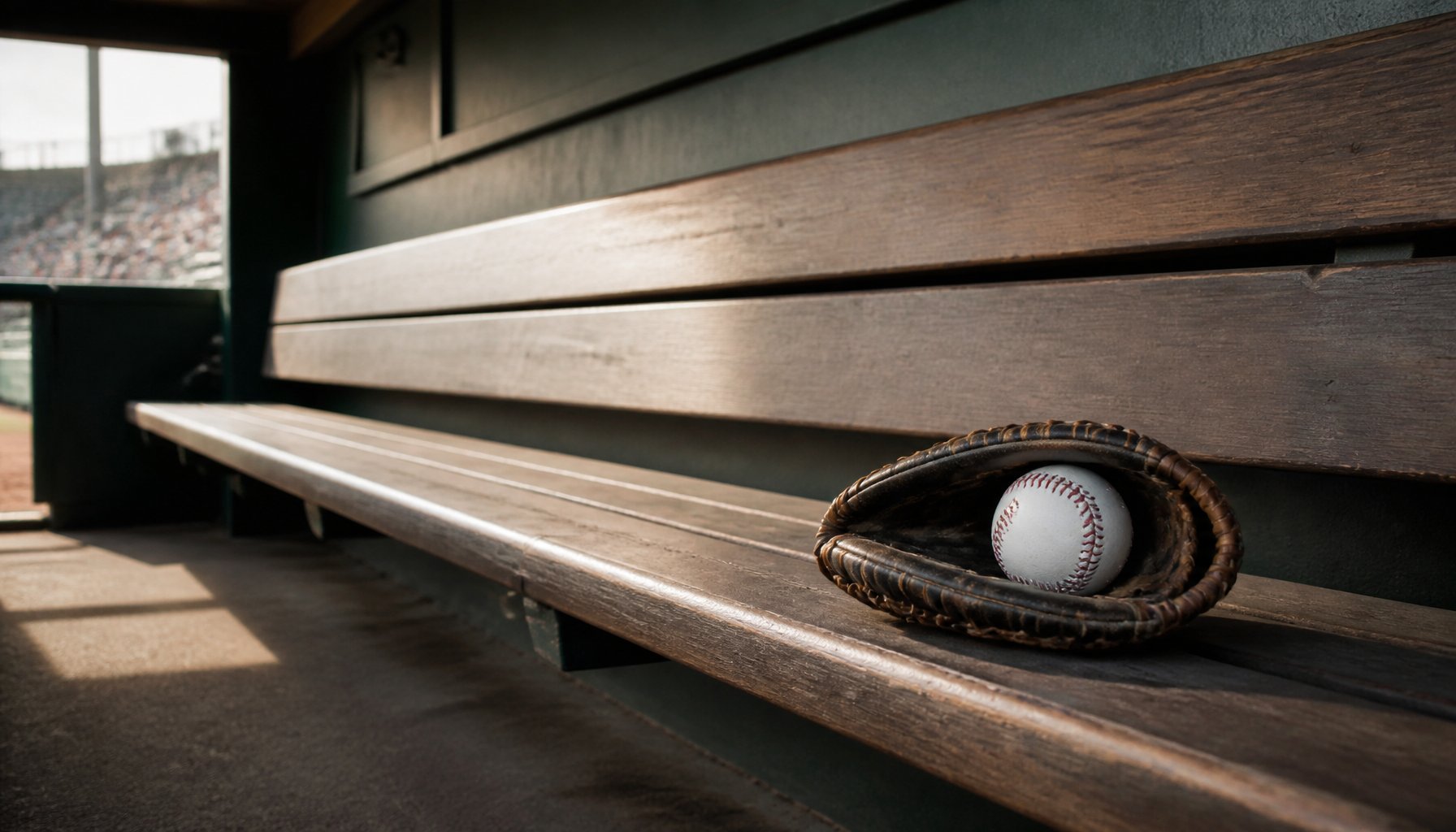 A baseball and glove resting on an empty dugout bench at Oracle Park