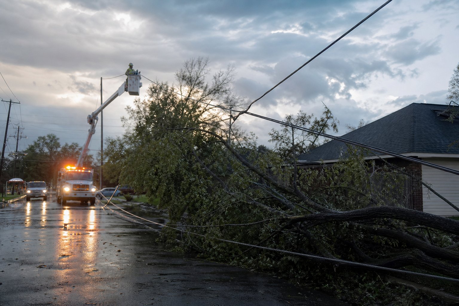 Utility crew working to clear a fallen tree from downed power lines after a storm