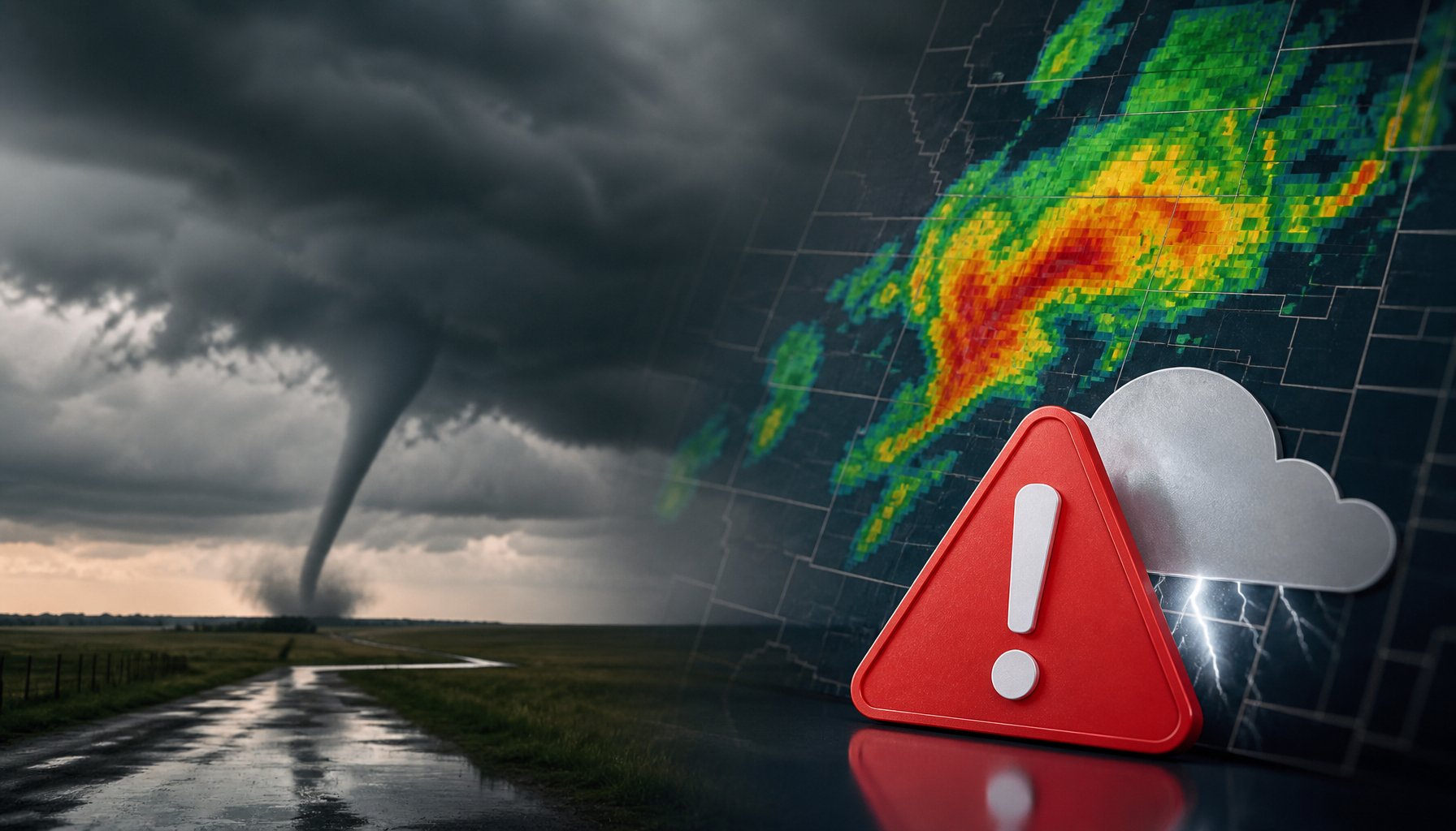 Severe weather alert illustration with tornado, storm radar and warning icon