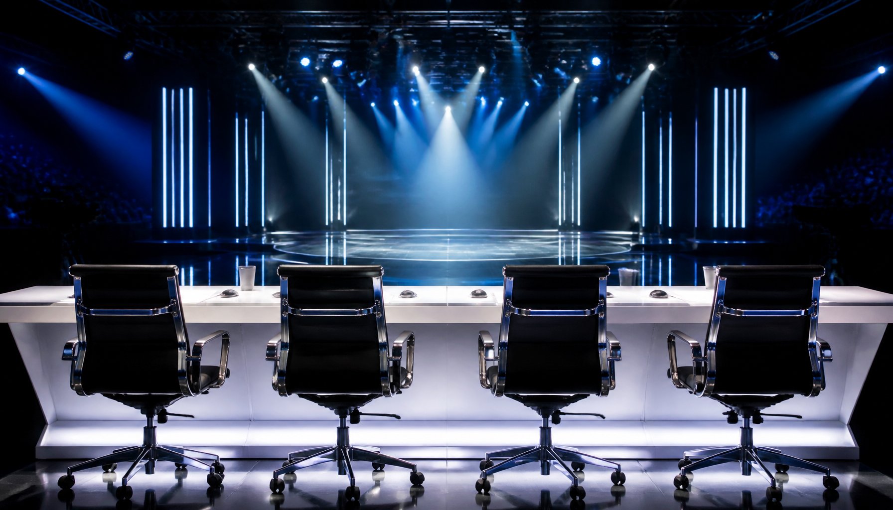 Four empty judges' chairs face a lit stage at America's Got Talent