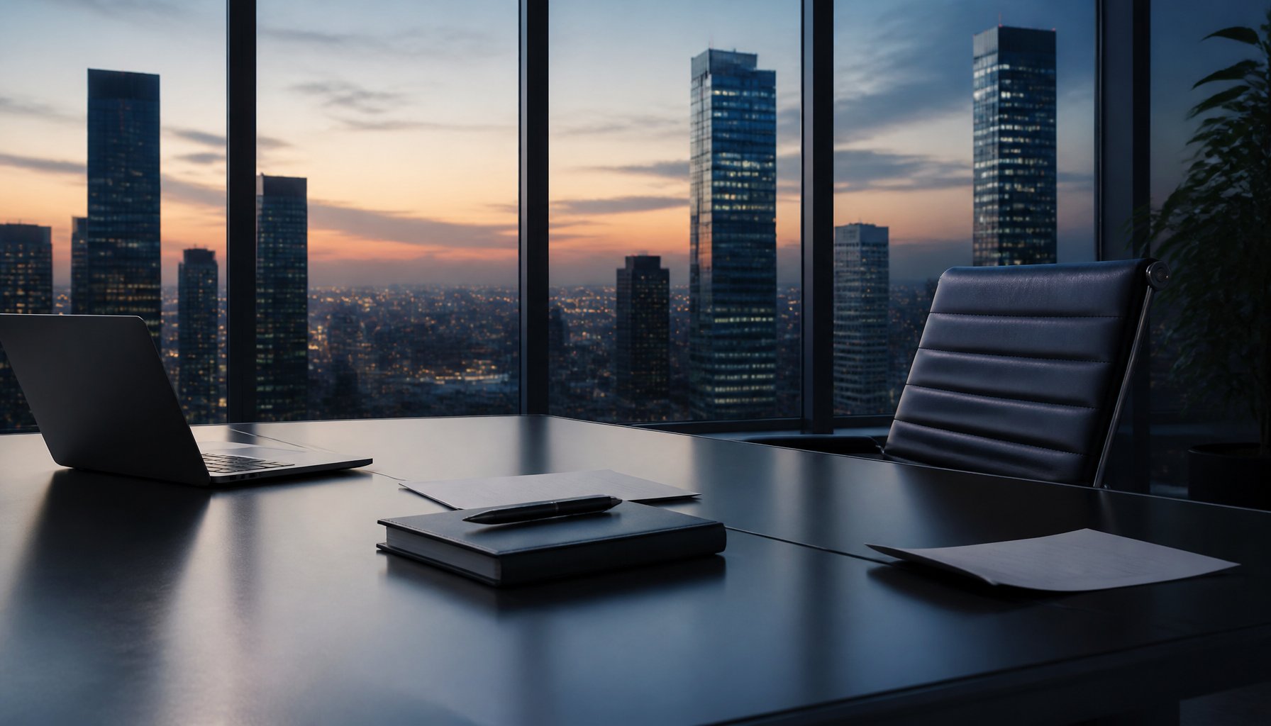 AI-generated illustration of an empty office conference table overlooking a city skyline at dusk