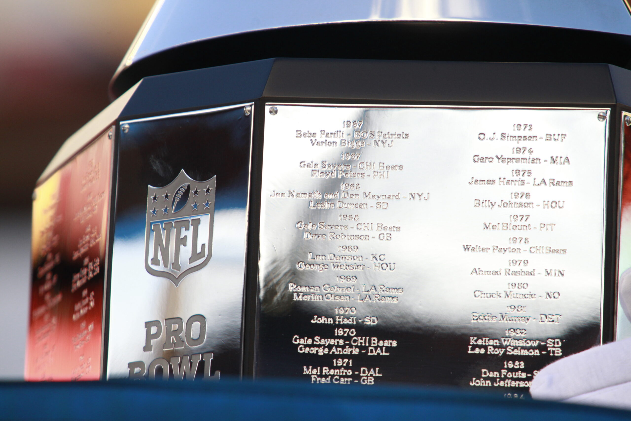 The NFL Pro Bowl trophy, engraved with the names of past MVP recipients