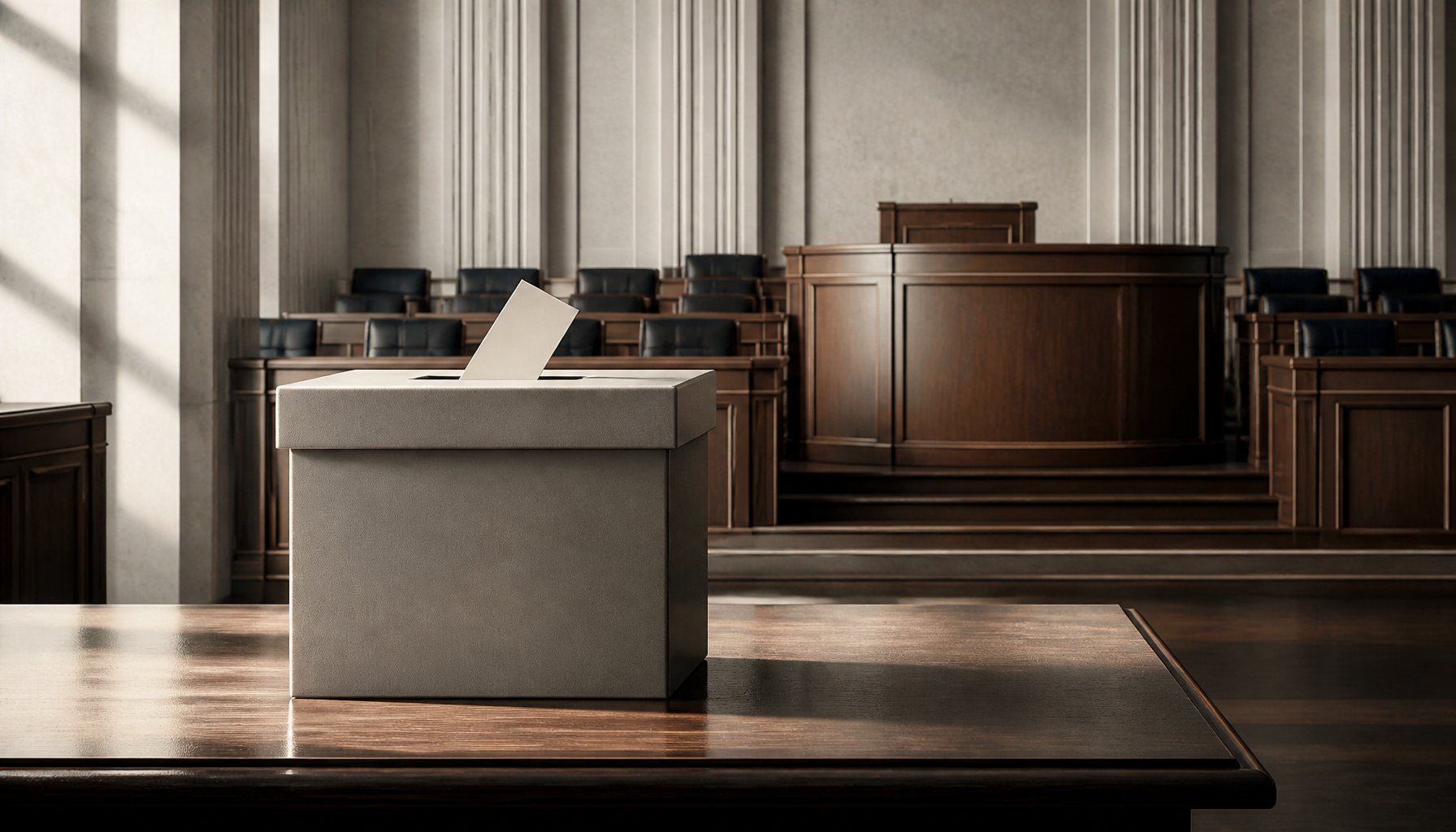 A ballot box on a wooden desk in an empty legislative chamber