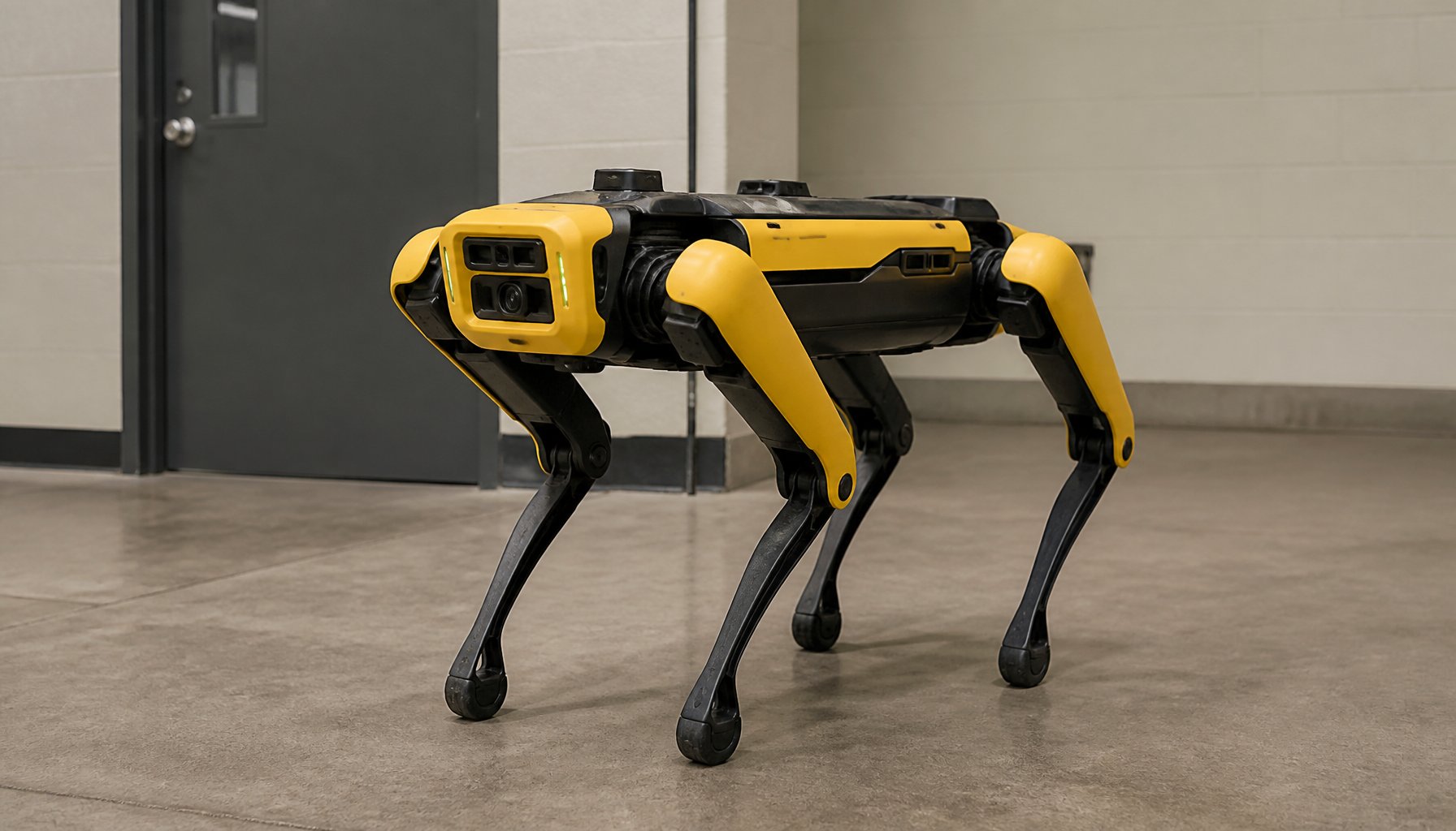 Editorial illustration of a quadruped robot dog, similar in form to Boston Dynamics' Spot, standing in an institutional hallway.