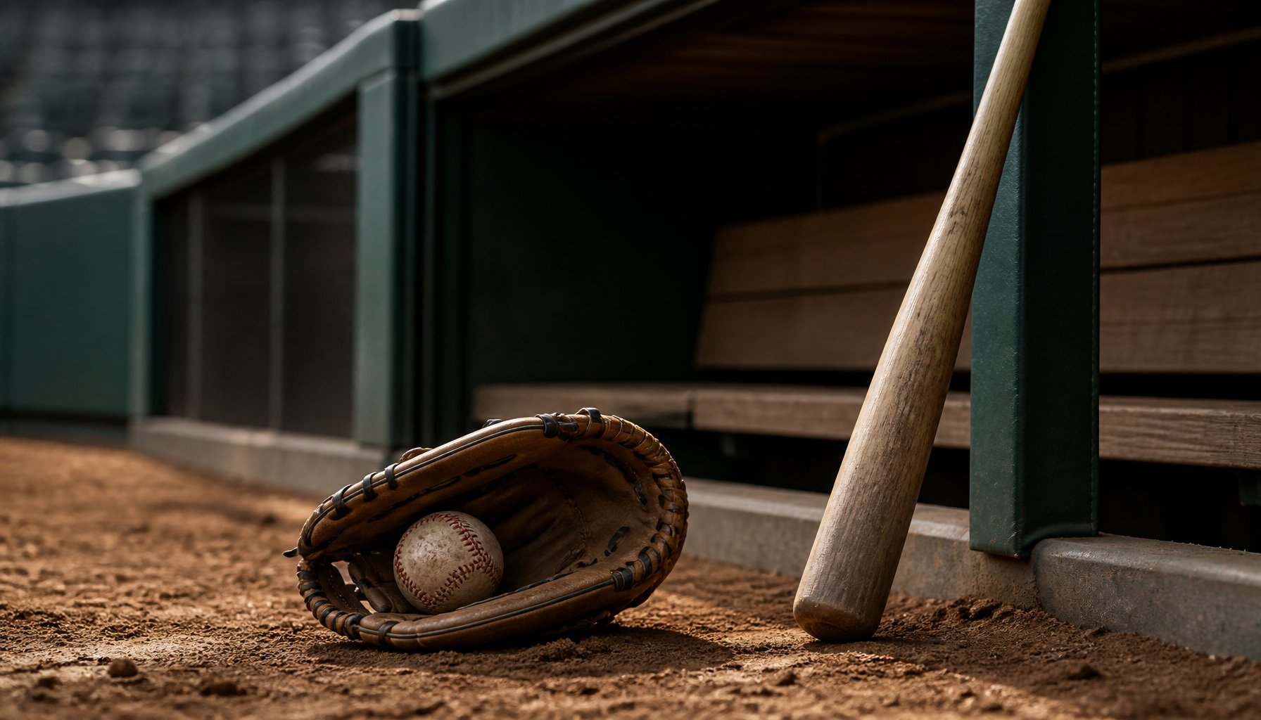 A weathered baseball glove, ball, and bat resting in a stadium dugout