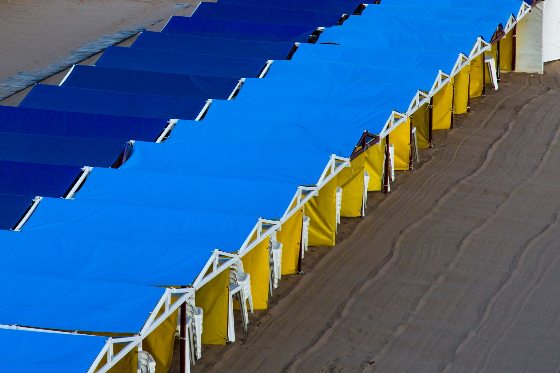 Aerial view of colorful beach cabanas in Mar del Plata, Argentina