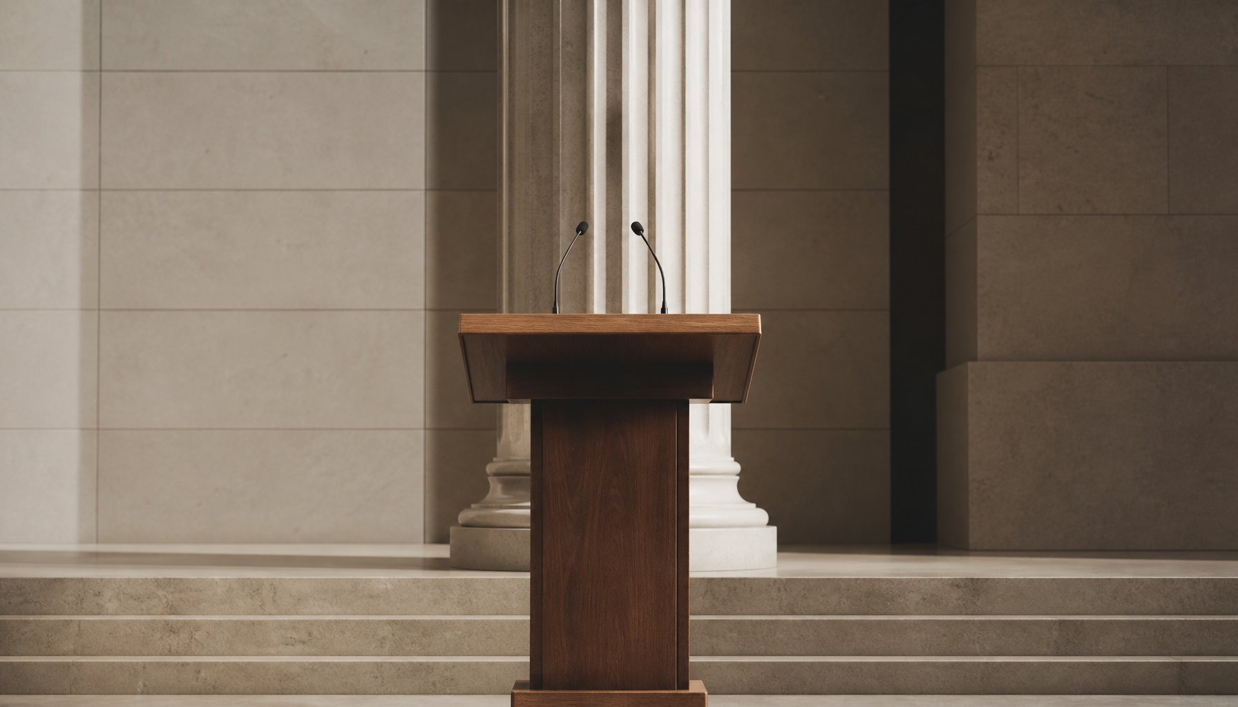An empty podium with microphones in front of government building columns