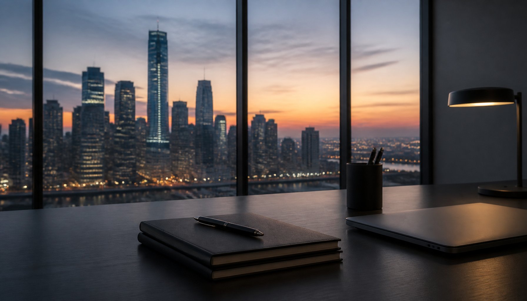 A city skyline at dusk seen through an office window, with a notebook, pen and laptop on a desk