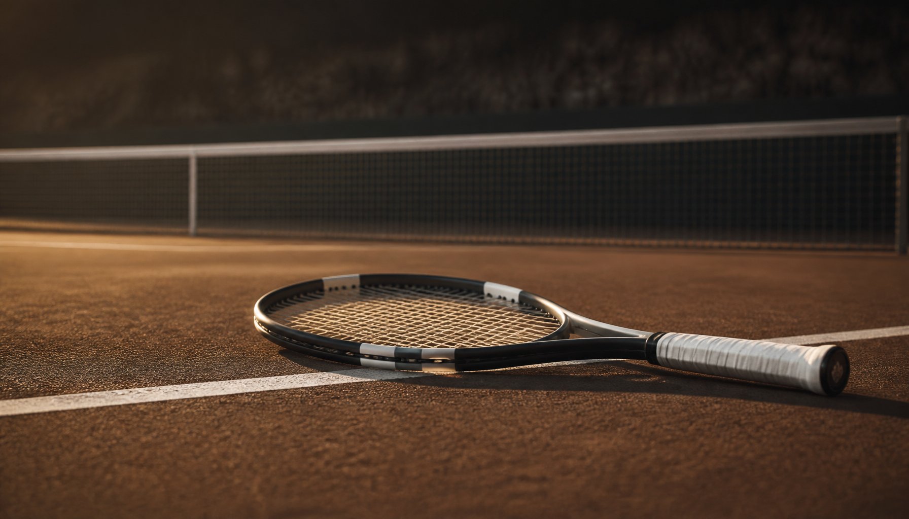 Tennis racket lying on a clay court