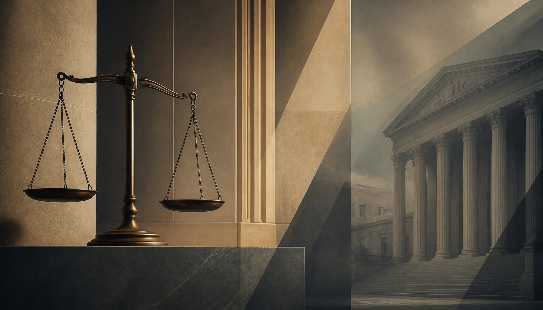 Symbolic illustration of scales of justice beside a government building facade