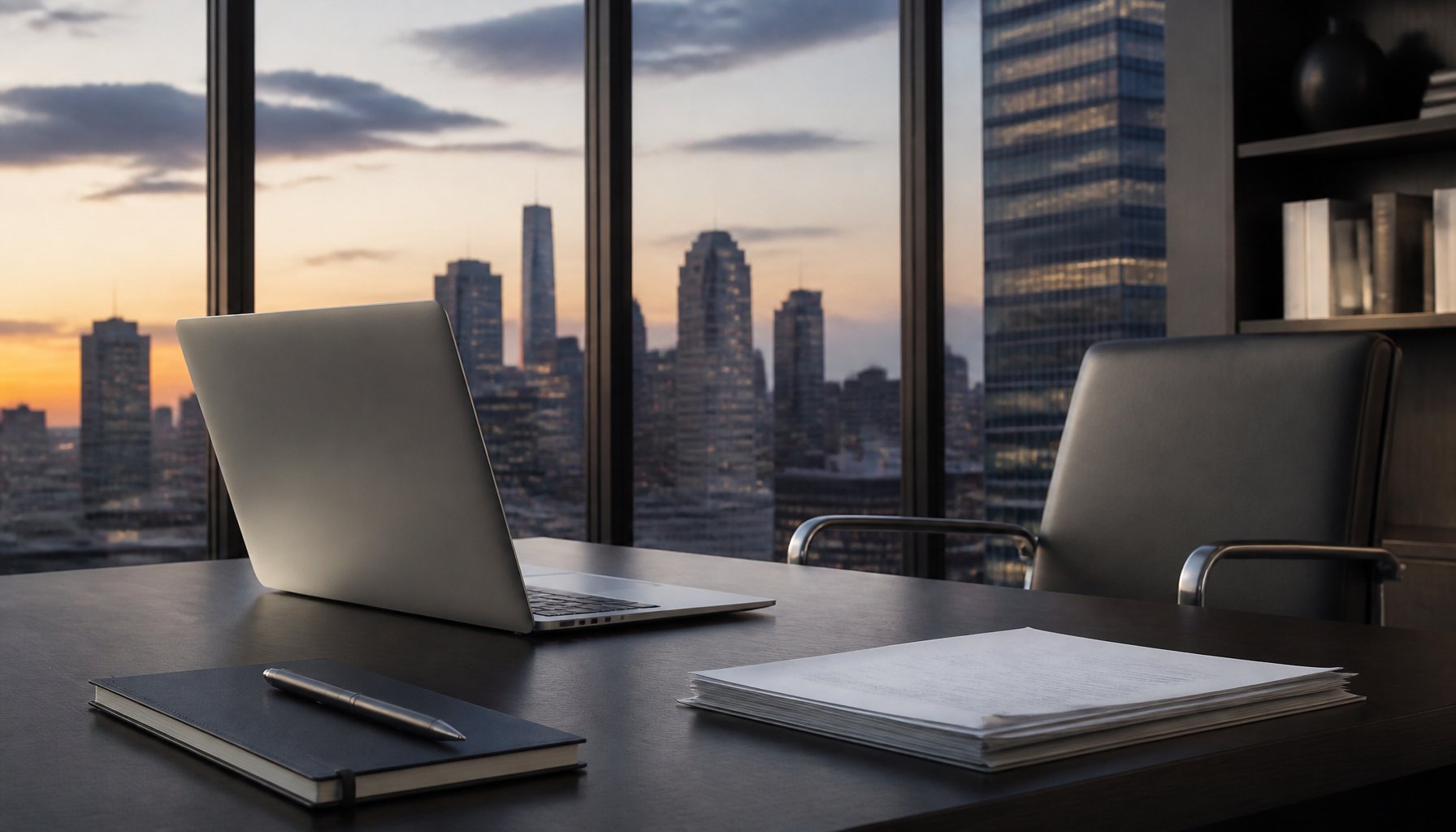 Empty office desk with laptop overlooking a city skyline at dusk
