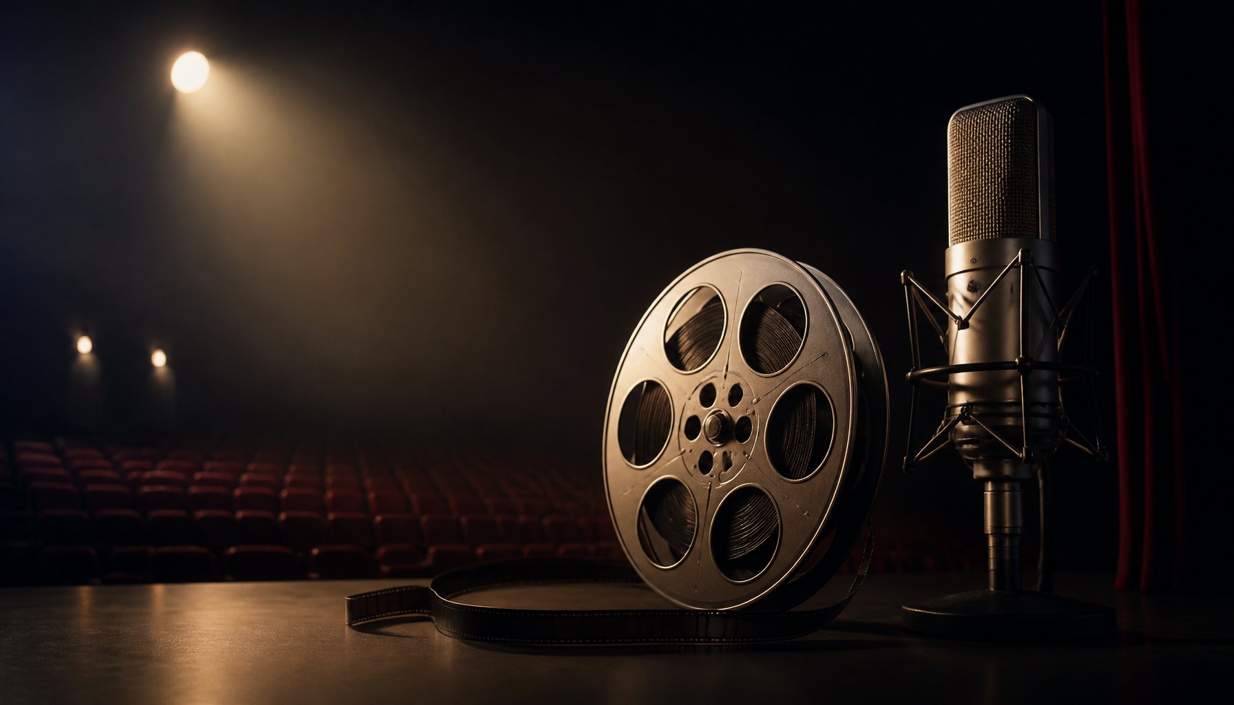 A film reel and vintage microphone on a spotlit theater stage.