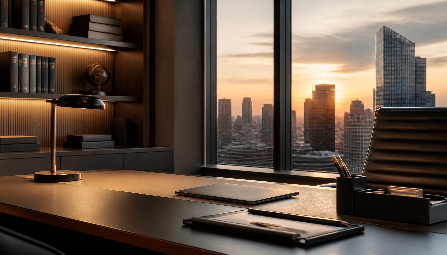 A modern finance office desk overlooking a city skyline at sunset, illustrative of cryptocurrency market coverage