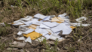 AI-generated illustration: a pile of dirt-stained envelopes and letters scattered in an overgrown vacant lot