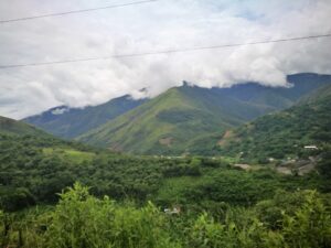 Forested mountains of the Yungas near Coroico, Bolivia, with clouds resting on the ridgelines.