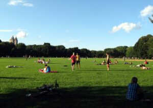 People relaxing on the Great Lawn in Central Park on a sunny afternoon, with trees and the towers of the Eldorado apartment building in the distance.